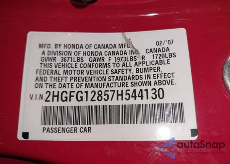 2007 Honda Civic Ex z USA, uszkodzony, nr VIN 2HGFG12857H544130